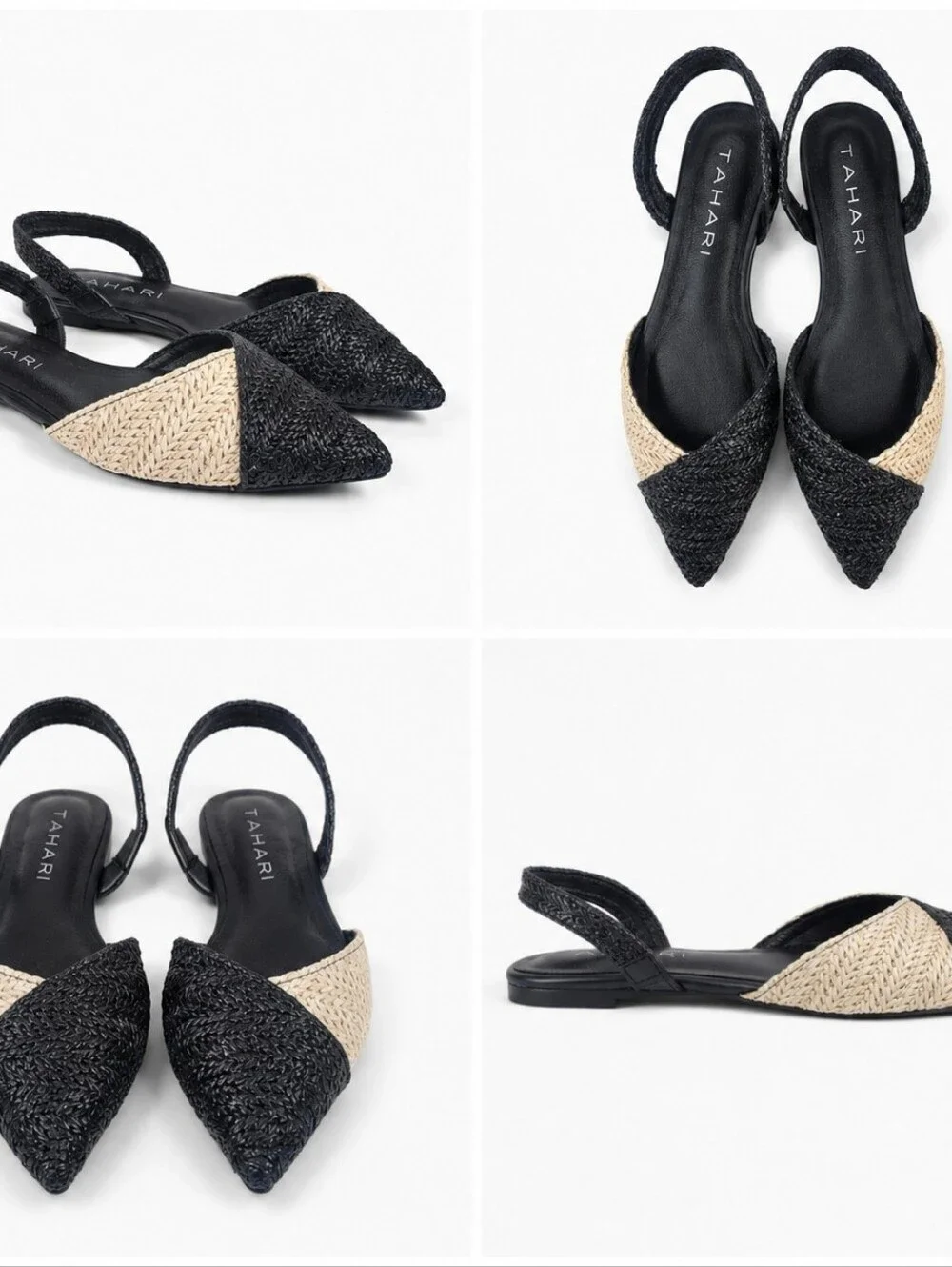 Tahari Rio Black Ivory Raffia Woven Slingback Flats Multiple Sizes